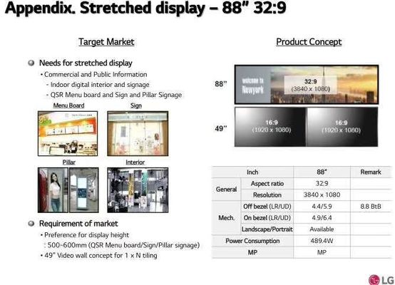 품질 LG 88인치 스트레치 LCD 디스플레이 바 LCD 디지털 사이니지 (3840*1080 해상도, 700cd/m2 밝기) 공장